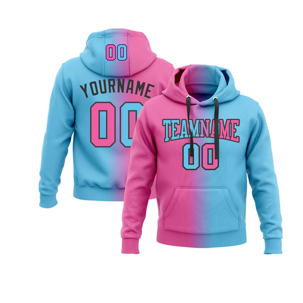 Custom Sky Blue Pink-Black Gradient Fashion Personalized Sports Team Embroidered Pullover Hoodie