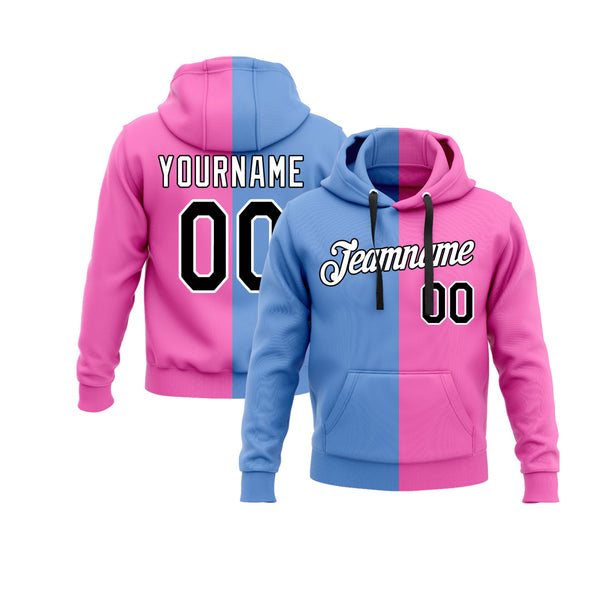 Custom Light Blue Black-Pink Split Fashion Personalized Sports Team Embroidered Pullover Hoodie