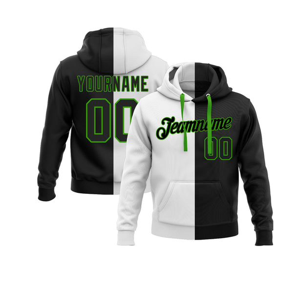 Custom White Black-Neon Green Split Fashion Personalized Sports Team Embroidered Pullover Hoodie