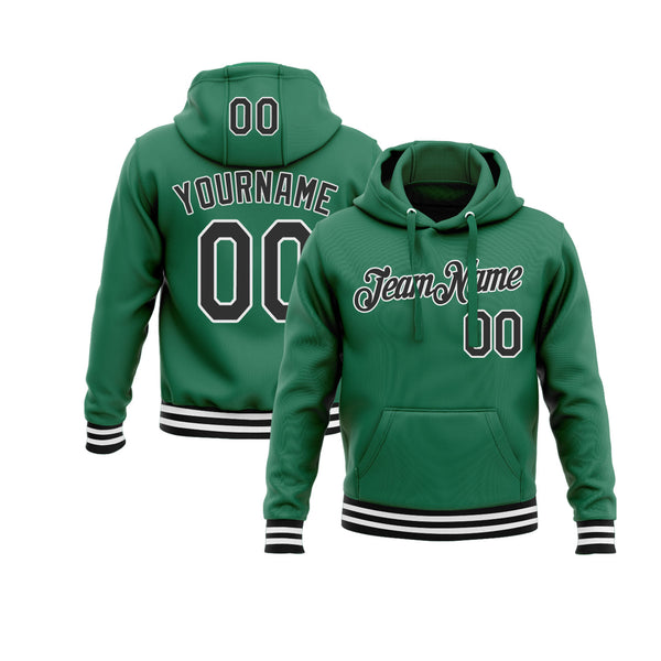 Custom Kelly Green Black-White Personalized Sports Team Embroidered Pullover Hoodie