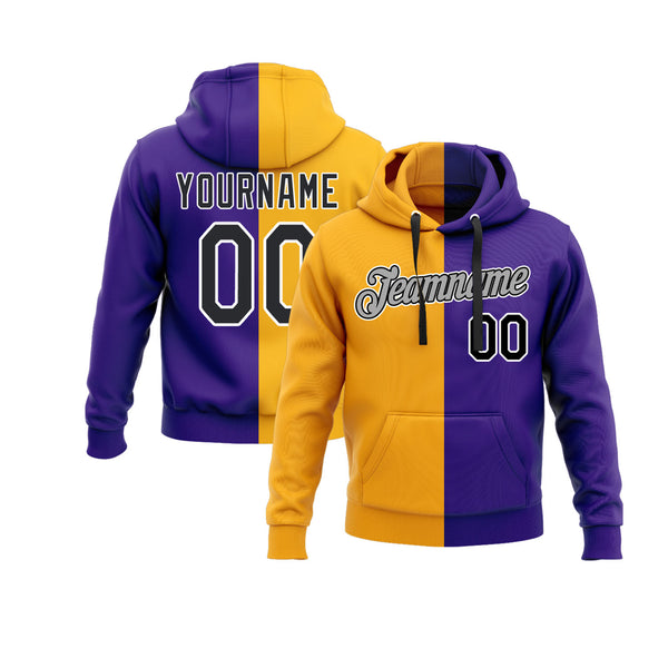 Custom Gold Black-Purple Split Fashion Personalized Sports Team Embroidered Pullover Hoodie