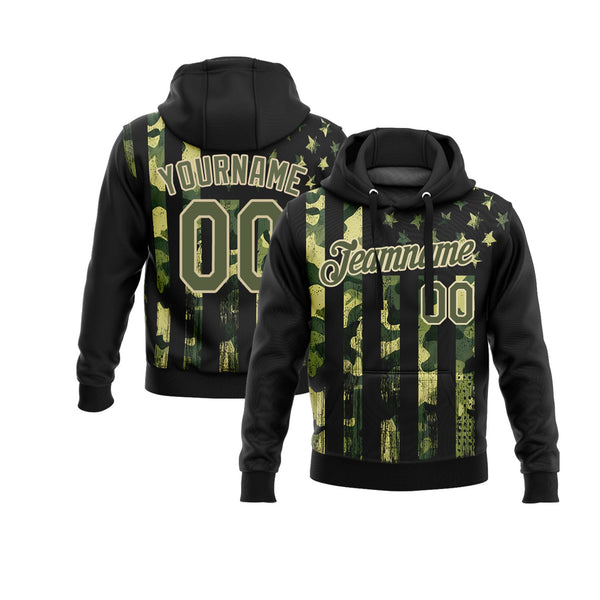 Custom Camo Olive-Cream 3D American Flag Fashion Personalized Sports Team Embroidered Pullover Hoodie