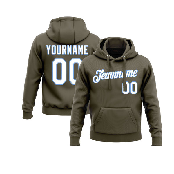 Custom Olive White-Light Blue Personalized Sports Team Embroidered Pullover Hoodie