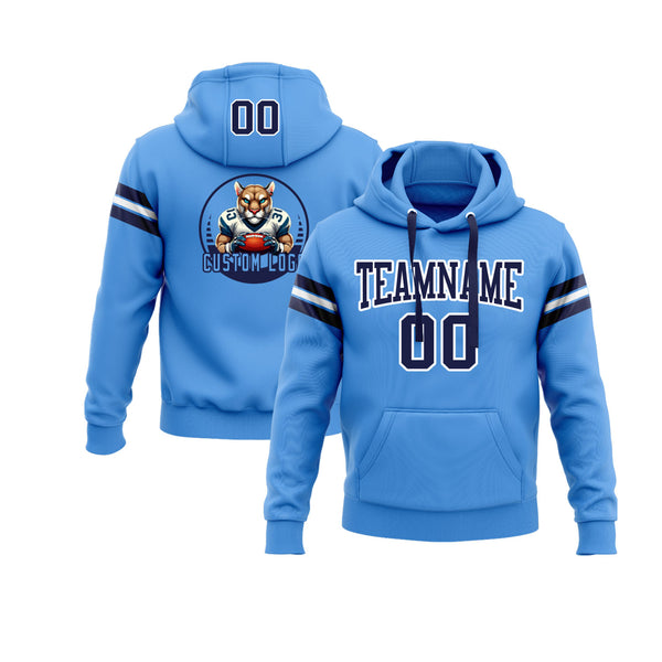 Custom Powder Blue Navy-White Personalized Sports Team Embroidered Pullover Hoodie