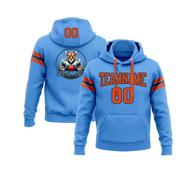 Custom Powder Blue Orange-Black Personalized Sports Team Embroidered Pullover Hoodie