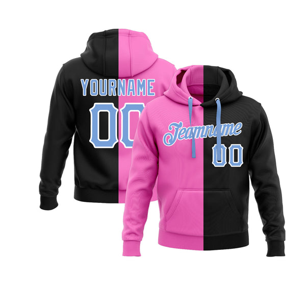 Custom Pink Light Blue-Black Split Fashion Personalized Sports Team Embroidered Pullover Hoodie