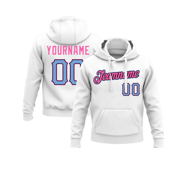 Custom White Light Blue-Pink Personalized Sports Team Embroidered Pullover Hoodie