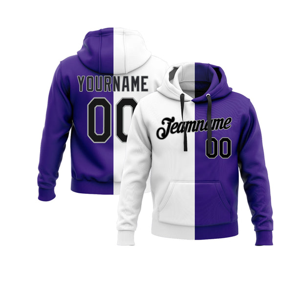 Custom White Black-Purple Split Fashion Personalized Sports Team Embroidered Pullover Hoodie