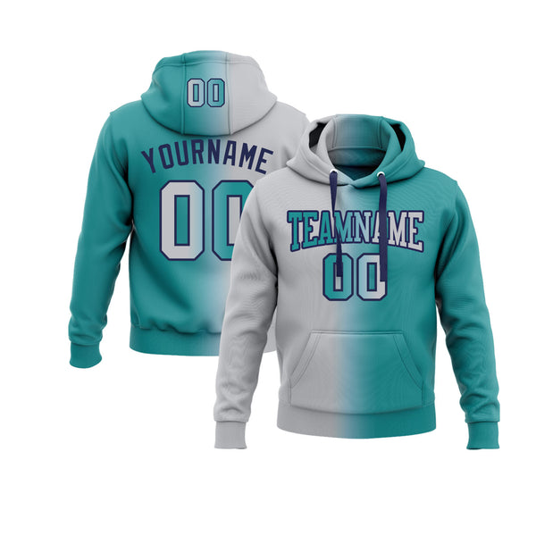 Custom Teal Gray-Navy Gradient Fashion Personalized Sports Team Embroidered Pullover Hoodie