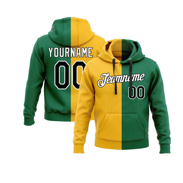 Custom Gold Black-Kelly Green Split Fashion Personalized Sports Team Embroidered Pullover Hoodie
