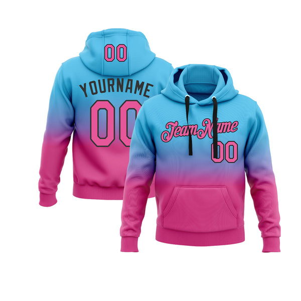 Custom Sky Blue Pink-Black Fade Fashion Personalized Sports Team Embroidered Pullover Hoodie
