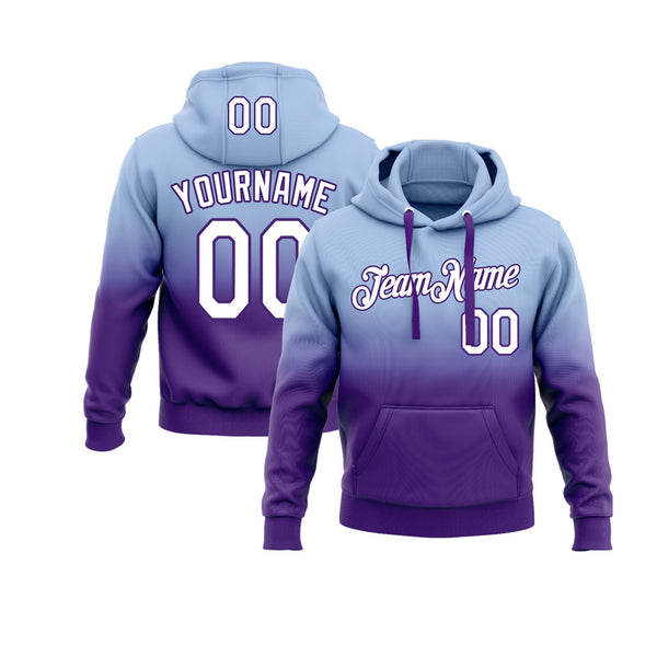 Custom Light Blue White-Purple Fade Fashion Personalized Sports Team Embroidered Pullover Hoodie