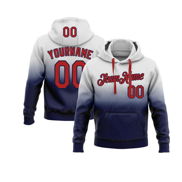 Custom White Red-Navy Fade Fashion Personalized Sports Team Embroidered Pullover Hoodie