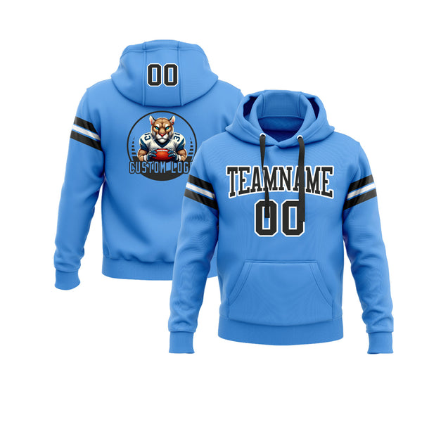 Custom Powder Blue Black-White Personalized Sports Team Embroidered Pullover Hoodie