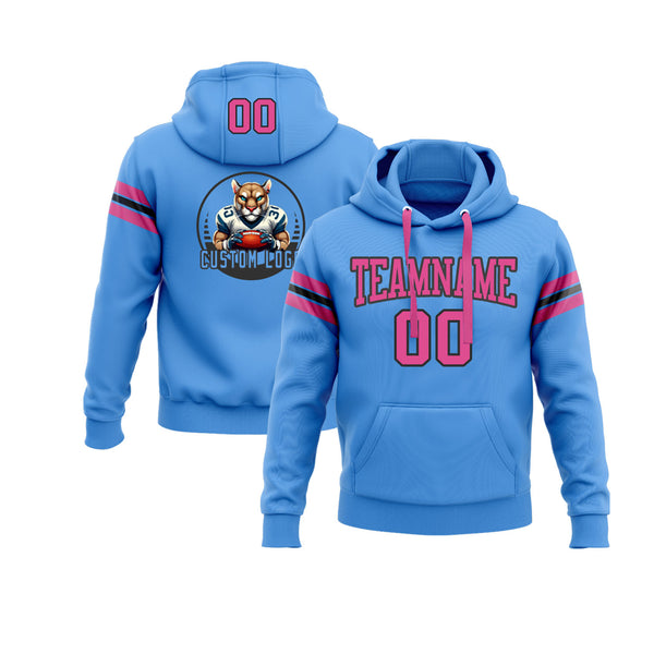 Custom Powder Blue Pink-Black Personalized Sports Team Embroidered Pullover Hoodie