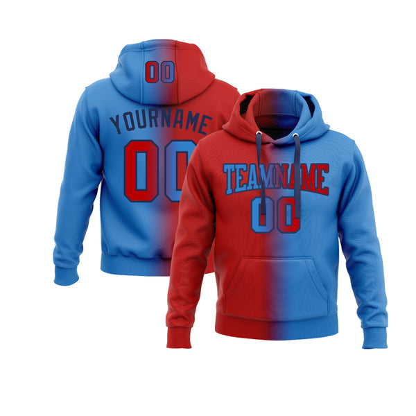 Custom Powder Blue Red-Navy Gradient Fashion Personalized Sports Team Embroidered Pullover Hoodie