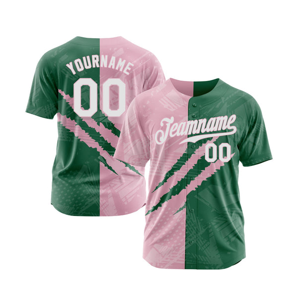 Custom Graffiti Pattern White Kelly Green-Light Pink 3D Scratch Classic Style Authentic Sports Baseball Jersey