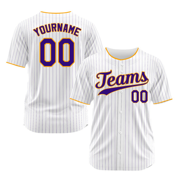 Custom White Purple Pinstripe Purple-Gold Classic Style Authentic Sports Baseball Jersey