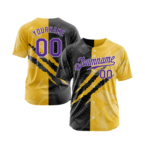 Custom Graffiti Pattern Purple Yellow-Black 3D Scratch Classic Style Authentic Sports Baseball Jersey