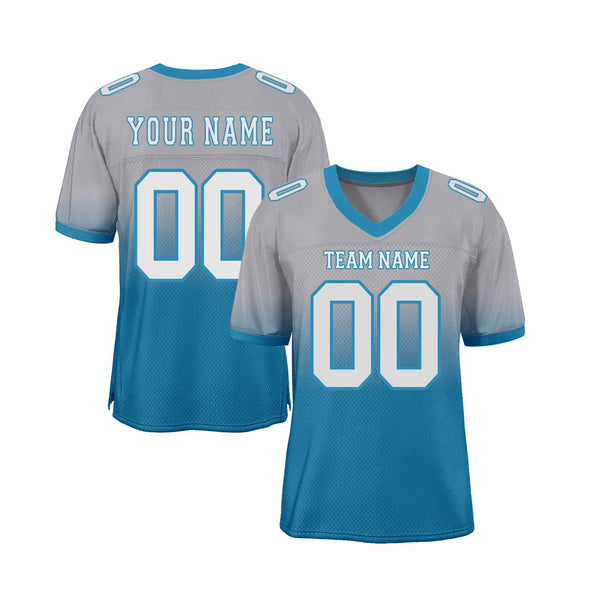 Custom Gray White-Panther Blue Mesh Fade Fashion Classic Style Authentic Sports Football Jersey