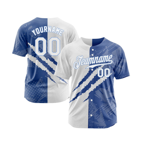 Custom Graffiti Pattern White Royal-Light Blue 3D Scratch Classic Style Authentic Sports Baseball Jersey