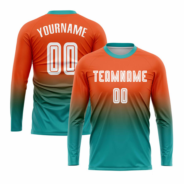 Custom Orange White-Aqua Long Sleeve Fade Fashion Classic Uniform Training Sets Soccer Jersey For Adults/Kids