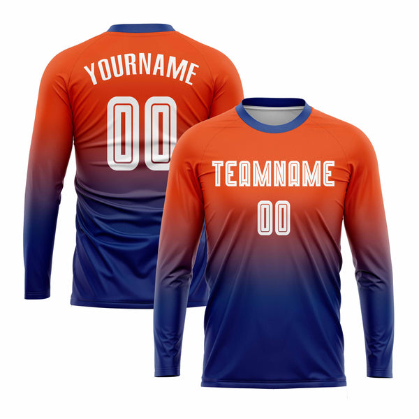 Custom Orange White-Royal Long Sleeve Fade Fashion Classic Uniform Training Sets Soccer Jersey For Adults/Kids