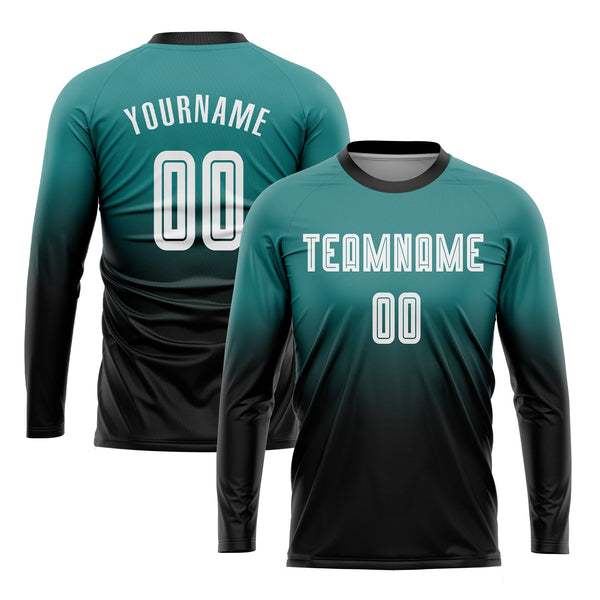 Custom Teal White-Black Long Sleeve Fade Fashion Classic Uniform Training Sets Soccer Jersey For Adults/Kids