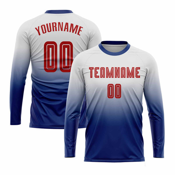 Custom White Red-Royal Long Sleeve Fade Fashion Classic Uniform Training Sets Soccer Jersey For Adults/Kids