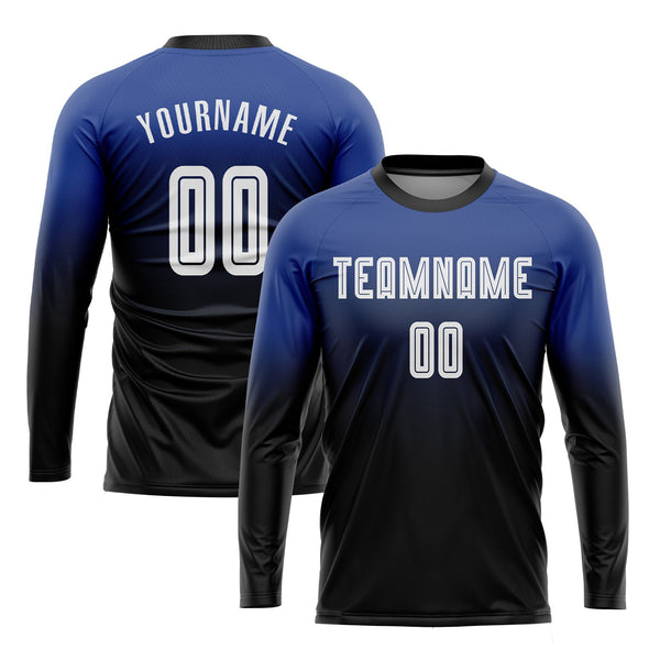 Custom Royal White-Black Long Sleeve Fade Fashion Classic Uniform Training Sets Soccer Jersey For Adults/Kids