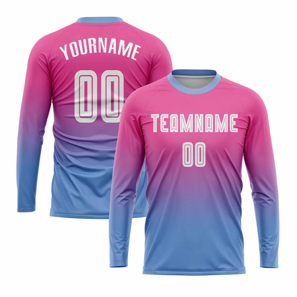 Custom Pink White-Light Blue Long Sleeve Fade Fashion Classic Uniform Training Sets Soccer Jersey For Adults/Kids