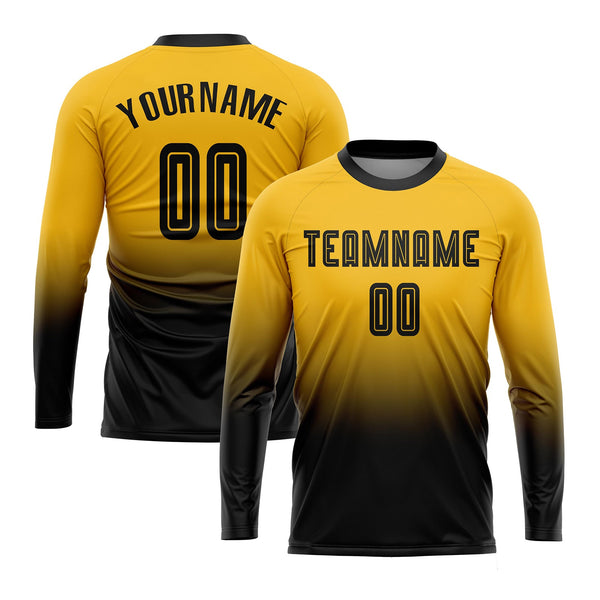 Custom Gold Black Long Sleeve Fade Fashion Classic Uniform Training Sets Soccer Jersey For Adults/Kids