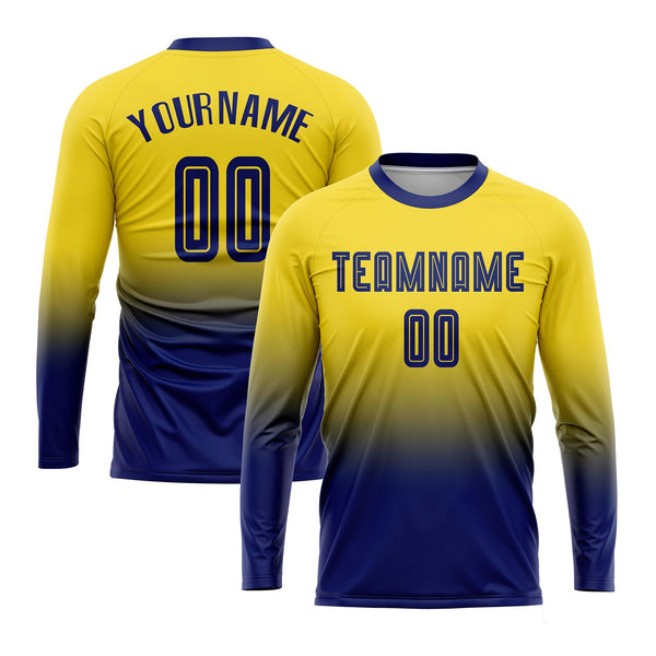 Custom Gold Royal Long Sleeve Fade Fashion Classic Uniform Training Sets Soccer Jersey For Adults/Kids