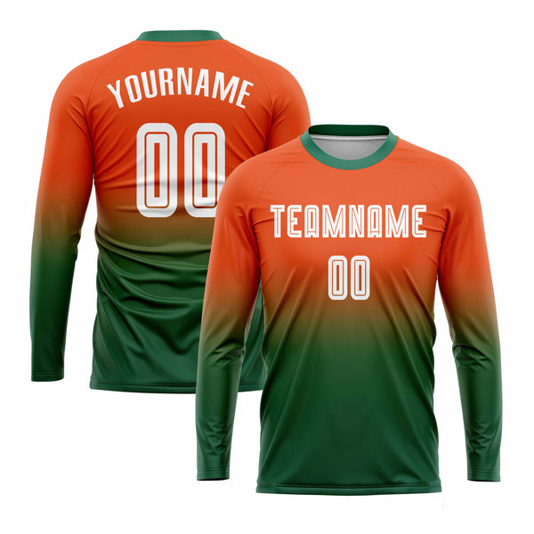 Custom Orange White-Green Long Sleeve Fade Fashion Classic Uniform Training Sets Soccer Jersey For Adults/Kids
