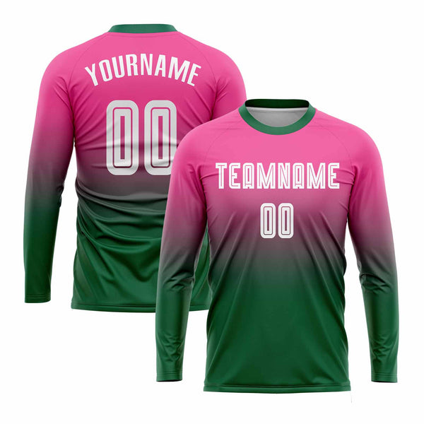 Custom Pink White-Kelly Green Long Sleeve Fade Fashion Classic Uniform Training Sets Soccer Jersey For Adults/Kids