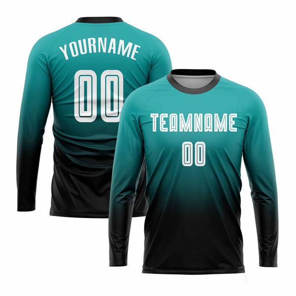 Custom Aqua White-Black Long Sleeve Fade Fashion Classic Uniform Training Sets Soccer Jersey For Adults/Kids