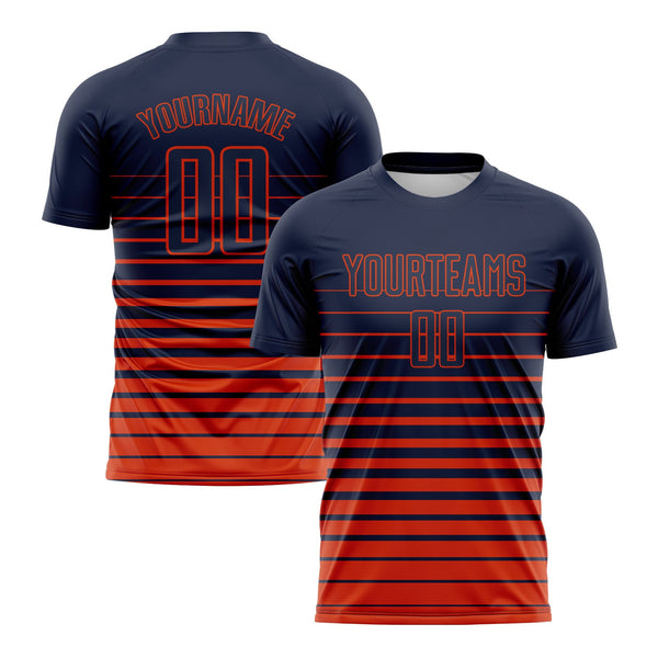 Custom Navy Orange Pinstripe Fade Fashion Classic Uniform Training Sets Soccer Jersey For Adults/Kids