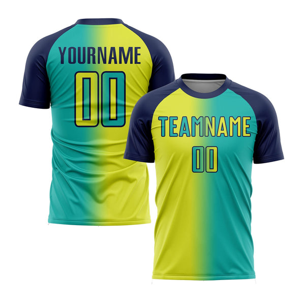Custom Aqua Neon Yellow-Navy Gradient Fashion Classic Uniform Training Sets Soccer Jersey For Adults/Kids