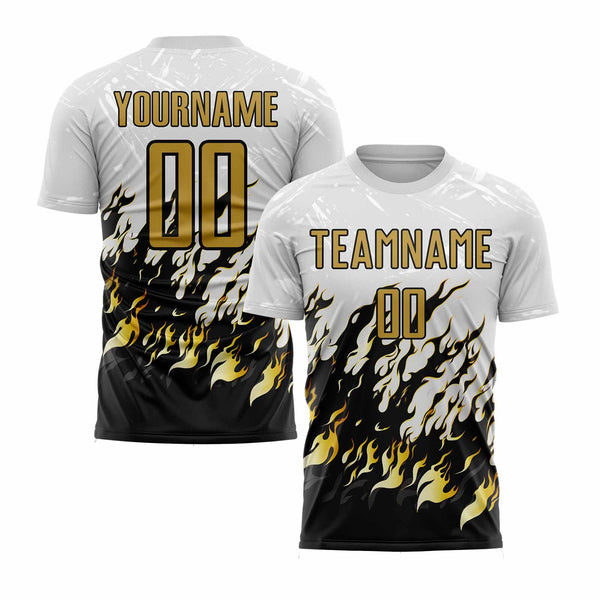 Custom White Old Gold-Black Flame Classic Uniform Training Sets Soccer Jersey For Adults/Kids