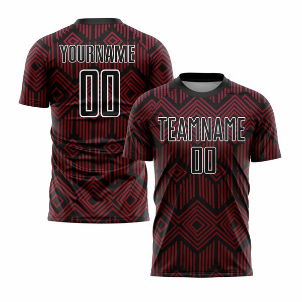 Custom Crimson Black-White Abstract Geometric Shapes Classic Uniform Training Sets Soccer Jersey For Adults/Kids