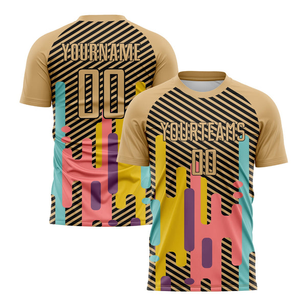 Custom Old Gold Black Lines Classic Uniform Training Sets Soccer Jersey For Adults/Kids