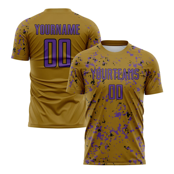 Custom Old Gold Purple-Black Abstract Fragment Art Classic Uniform Training Sets Soccer Jersey For Adults/Kids