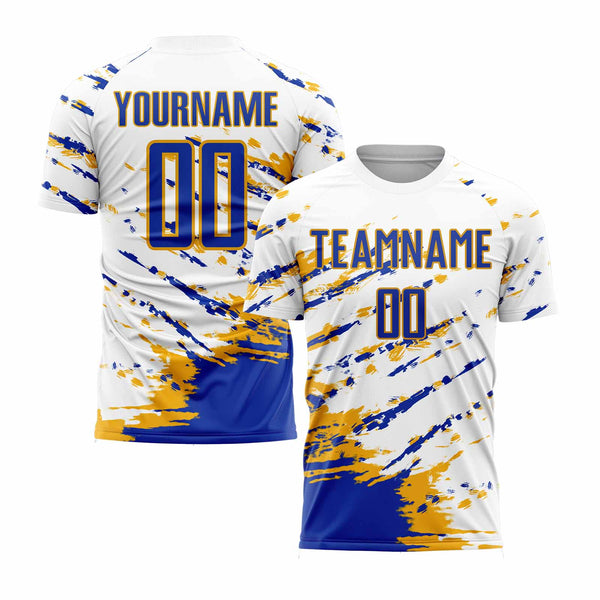 Custom White Thunder Blue-Gold Abstract Fragment Art Splash Classic Uniform Training Sets Soccer Jersey For Adults/Kids