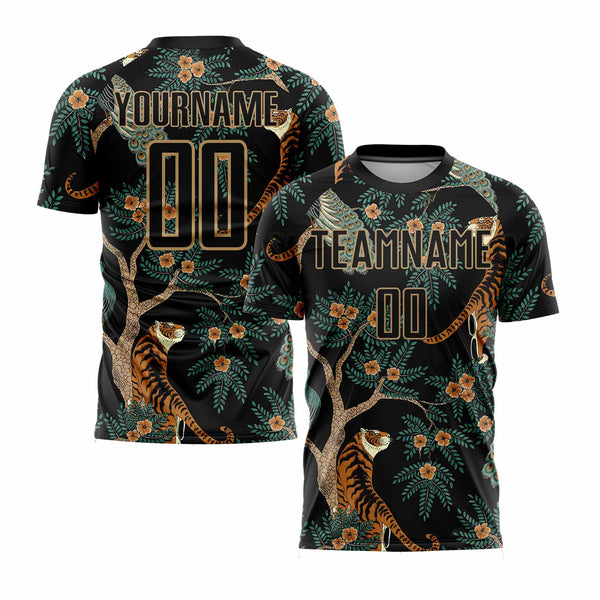Custom Black Old Gold Tiger And Peacock Classic Uniform Training Sets Soccer Jersey For Adults/Kids