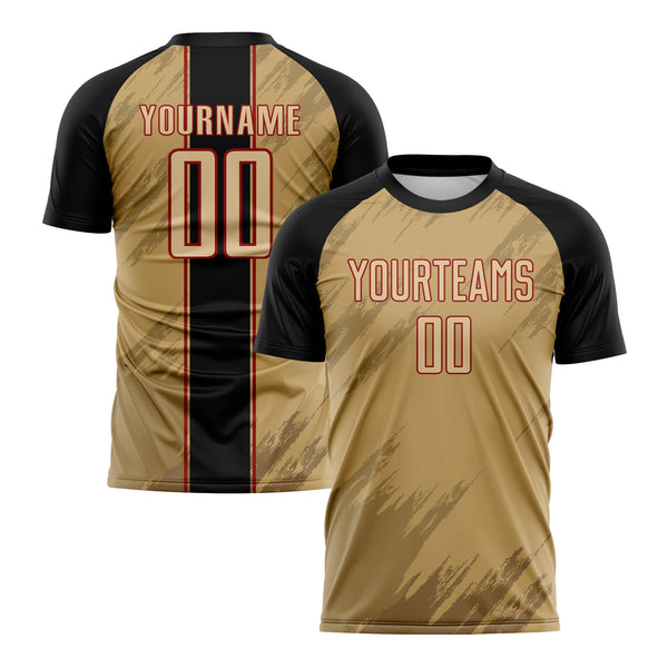 Custom Old Gold Black-Red Sharp Shapes Classic Uniform Training Sets Soccer Jersey For Adults/Kids
