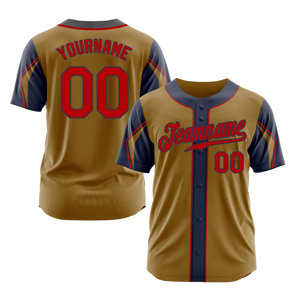 Custom Old Gold Red-Navy 3 Colors Arm Shapes Classic Style Authentic Sports Baseball Jersey