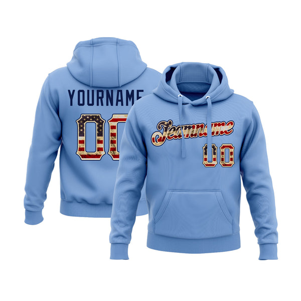 Custom Light Blue Vintage USA Flag-Cream Personalized Sports Team Embroidered Pullover Hoodie