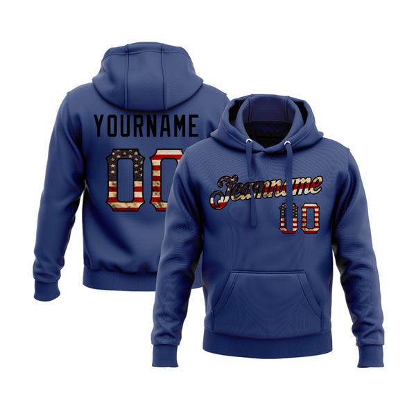 Custom Royal Vintage USA Flag-Black Personalized Sports Team Embroidered Pullover Hoodie