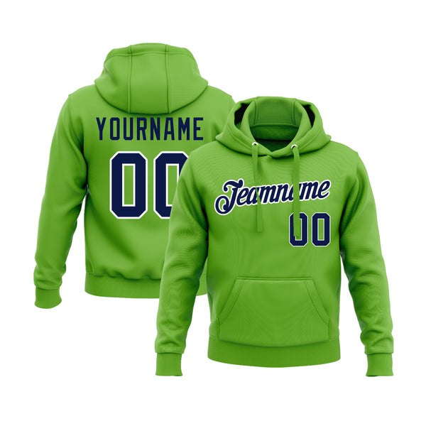 Custom Neon Green Navy-White Personalized Sports Team Embroidered Pullover Hoodie