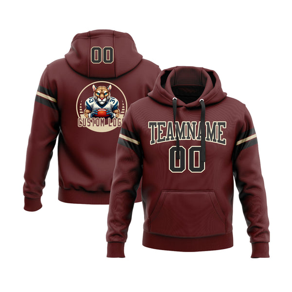 Custom Burgundy Black-Cream Personalized Sports Team Embroidered Pullover Hoodie